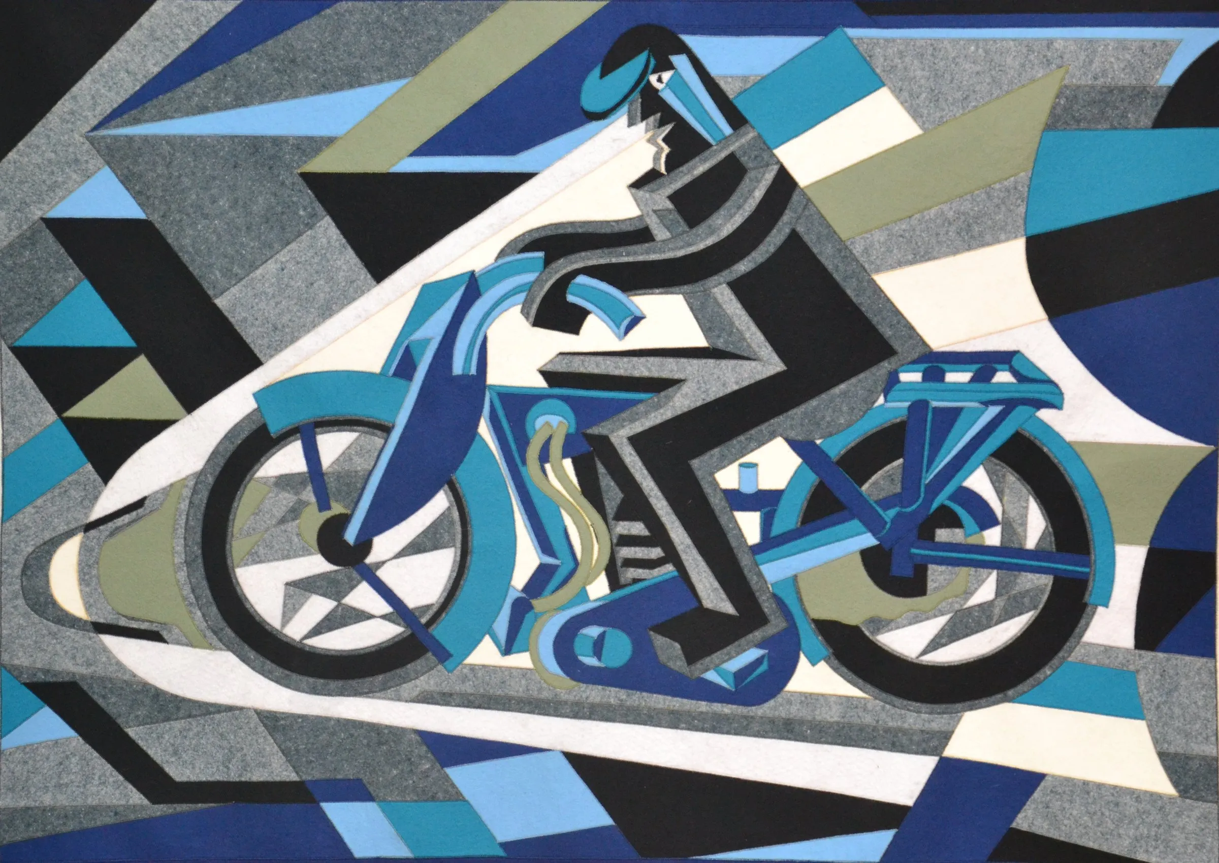 Motociclista, tarsia in panno T24014 del Laboratorio Kilim