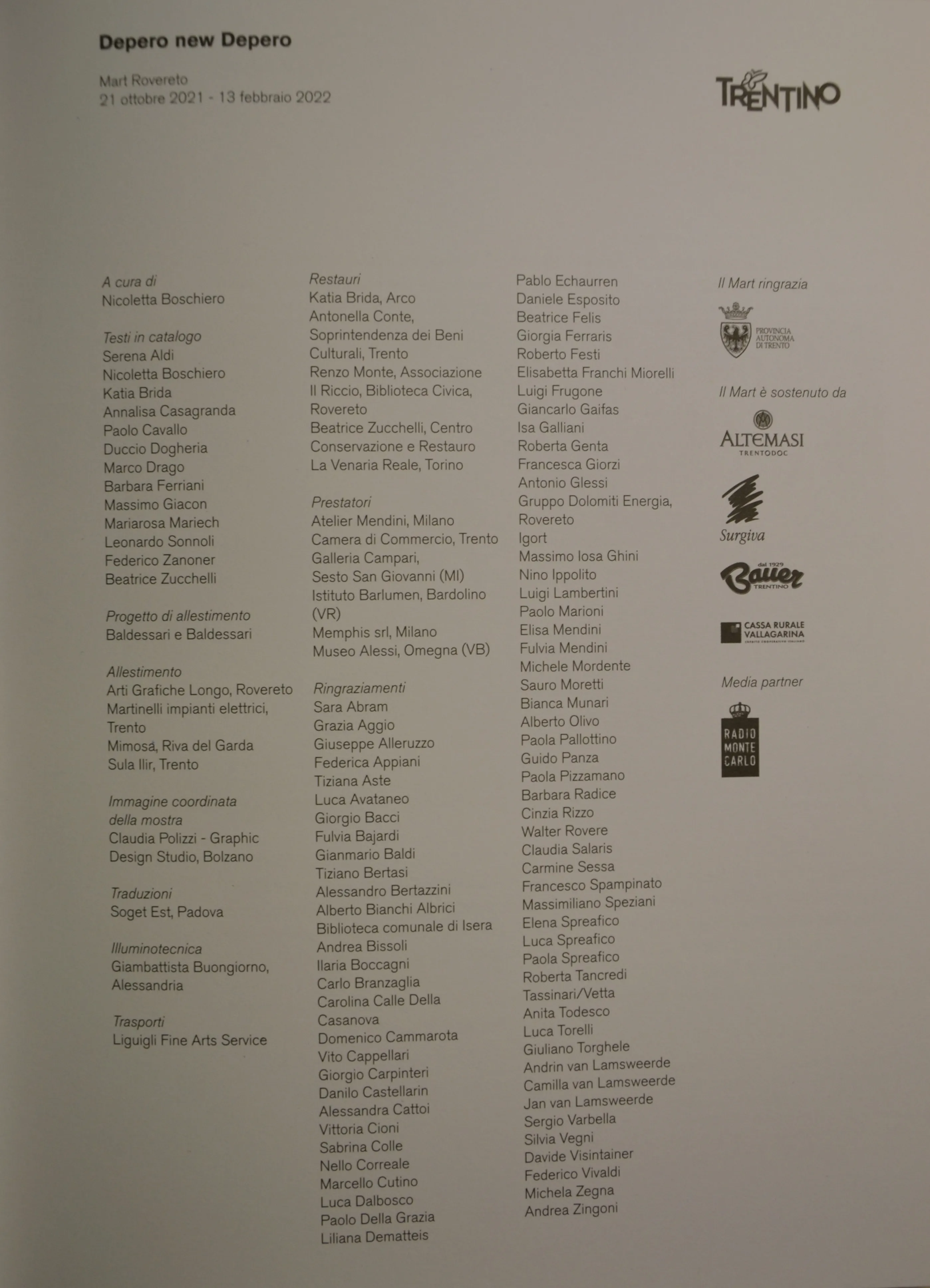 Ringraziamenti nel catalogo della mostra Depero new Depero